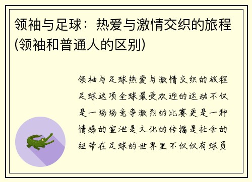 领袖与足球:热爱与激情交织的旅程(领袖和普通人的区别)