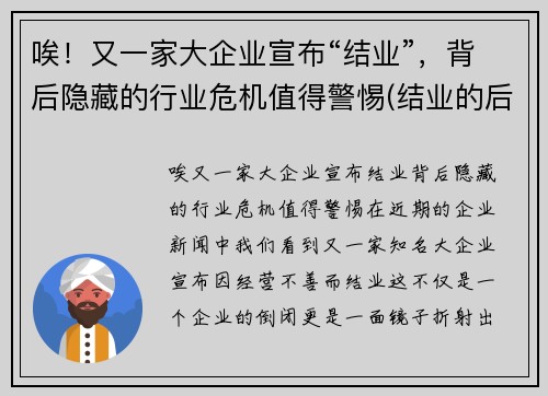 唉!又一家大企业宣布“结业”,背后隐藏的行业危机值得警惕(结业的后果)