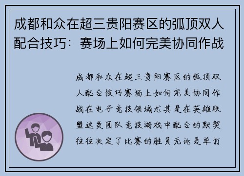 成都和众在超三贵阳赛区的弧顶双人配合技巧:赛场上如何完美协同作战