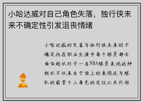 小哈达威对自己角色失落,独行侠未来不确定性引发沮丧情绪