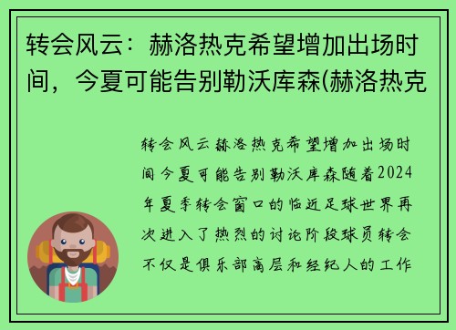 转会风云:赫洛热克希望增加出场时间,今夏可能告别勒沃库森(赫洛热克身价)