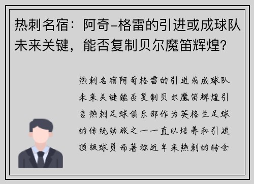 热刺名宿:阿奇-格雷的引进或成球队未来关键,能否复制贝尔魔笛辉煌?