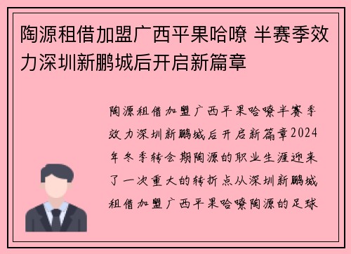 陶源租借加盟广西平果哈嘹 半赛季效力深圳新鹏城后开启新篇章