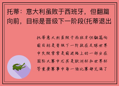 托蒂：意大利虽败于西班牙，但翻篇向前，目标是晋级下一阶段(托蒂退出意大利国家队)