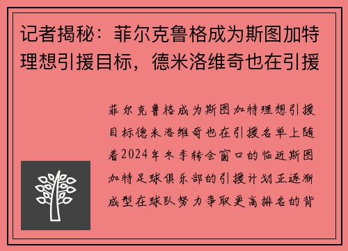 记者揭秘：菲尔克鲁格成为斯图加特理想引援目标，德米洛维奇也在引援名单上