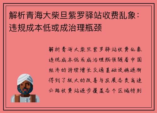 解析青海大柴旦紫罗驿站收费乱象：违规成本低或成治理瓶颈