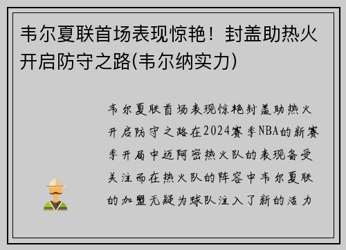 韦尔夏联首场表现惊艳！封盖助热火开启防守之路(韦尔纳实力)