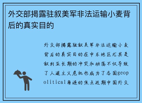 外交部揭露驻叙美军非法运输小麦背后的真实目的