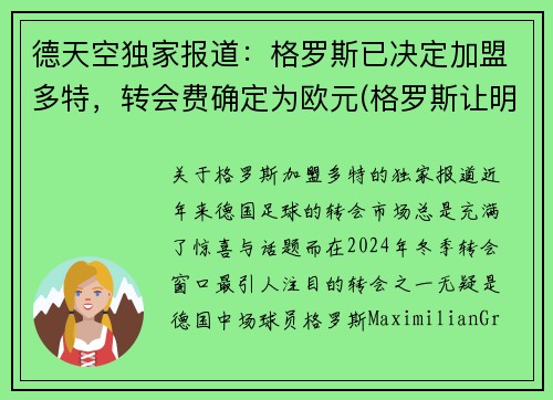 德天空独家报道：格罗斯已决定加盟多特，转会费确定为欧元(格罗斯让明年)